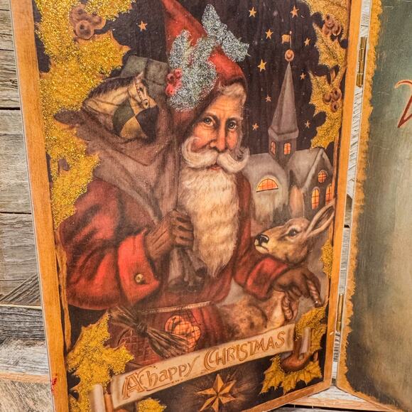 1980’s Vintage Old World Style Father Christmas Folding Tabletop Plaque - Picture 4 of 9